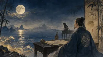 Người đàn ông áo xanh đậm ngồi bên bàn có giấy cuộn, nhìn ra mặt nước dưới trăng, phía trước có tượng chuột và họa tiết sóng vàng