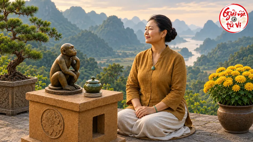 Người phụ nữ áo nâu ngồi với hai tay trên đùi cạnh bàn đá có tượng khỉ và bình trà xanh, giữa bonsai, cúc vàng và núi xa; logo ở góc phải trên