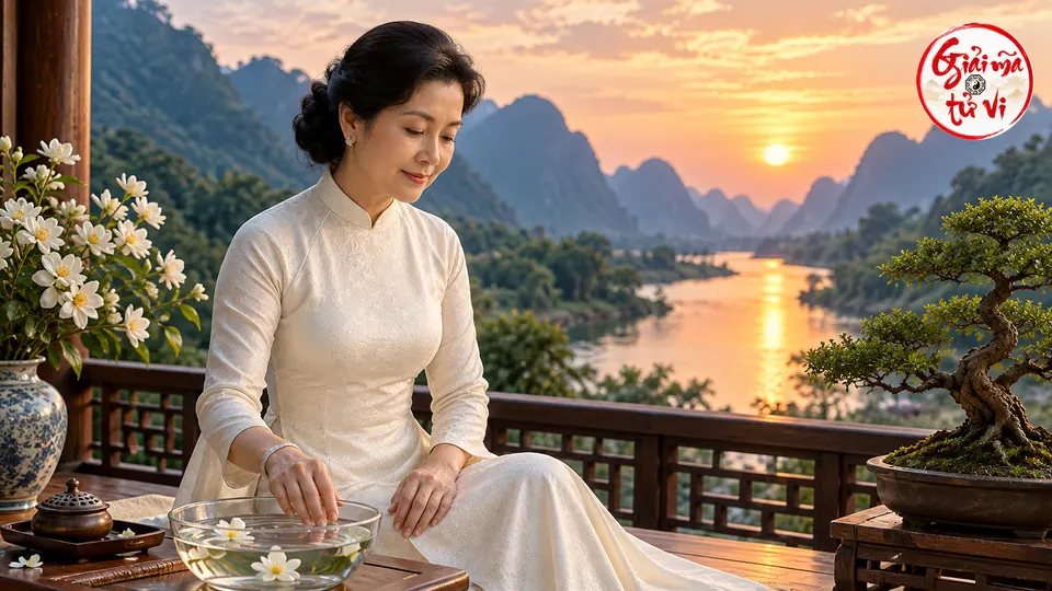 Người phụ nữ áo dài trắng ngồi bên bát nước và bàn trà, một tay gần mặt nước, tay kia trên đùi, phía sau là sông lúc hoàng hôn và cây trong chậu; logo ở góc phải trên