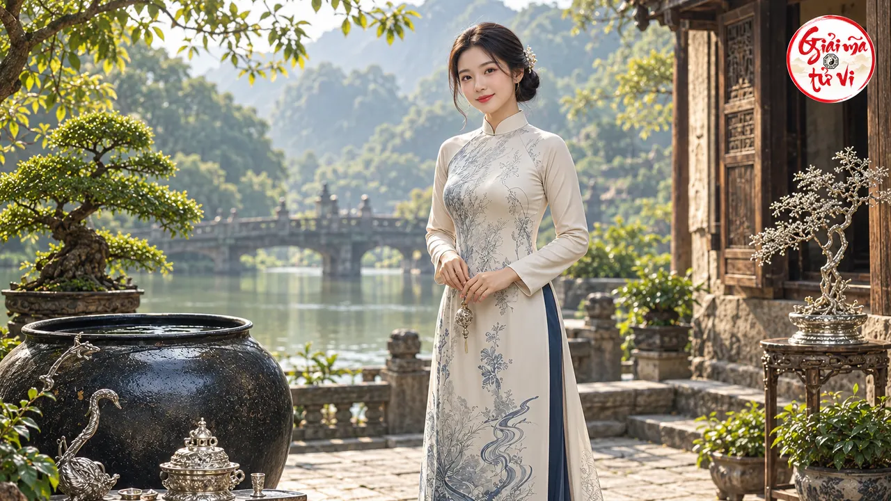 Người phụ nữ áo dài trắng thêu xanh cầm đồ trang sức nhỏ bằng hai tay trên sân ven sông, cạnh chum nước, cây trong chậu và đồ bạc; logo ở góc phải trên