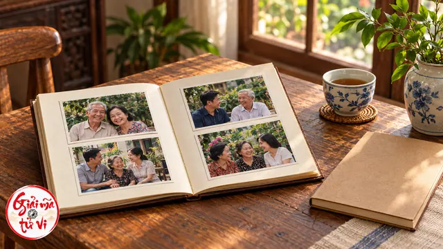 Album mở có bốn ảnh gia đình, cạnh tách trà và sổ đóng trên bàn gỗ