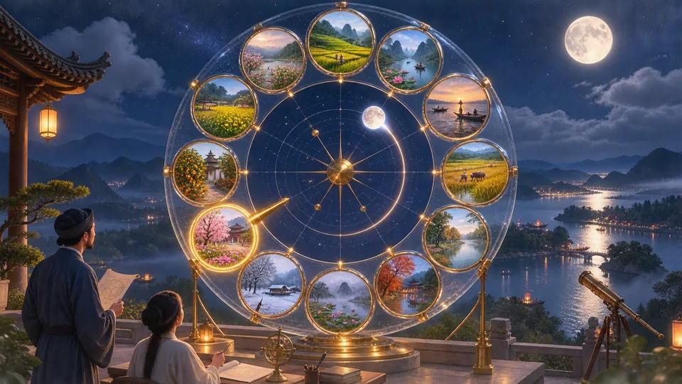 Mô hình chu kỳ mười hai tháng với các cảnh mùa và quỹ đạo Mặt Trăng