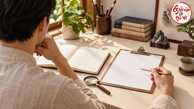 Người ngồi đọc trước trang giấy trống, sổ mở và kính lúp, logo góc phải trên