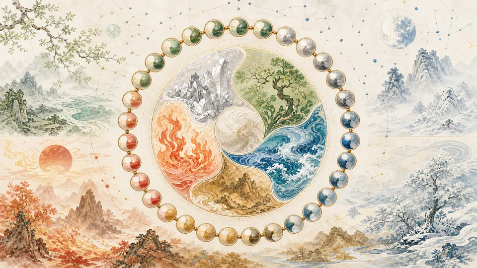 Ba mươi cặp Nạp Âm bao quanh mandala Kim Mộc Thủy Hỏa Thổ trong hệ Lục Thập Hoa Giáp