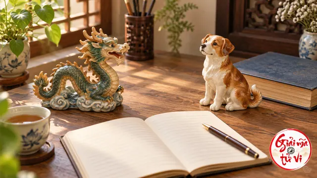 Tượng gốm hình rồng và chó đặt trên bàn gỗ cạnh sổ trắng và sách đóng
