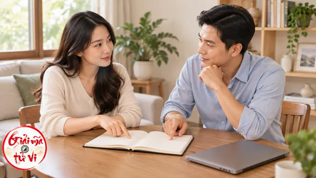 Hai người trao đổi bên sổ mở chưa viết và máy tính xách tay đóng nắp