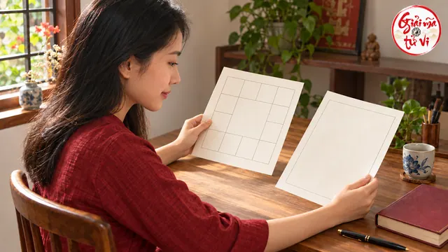 Người phụ nữ cầm hai tờ giấy, một tờ kẻ ô trống và một tờ có khung trống