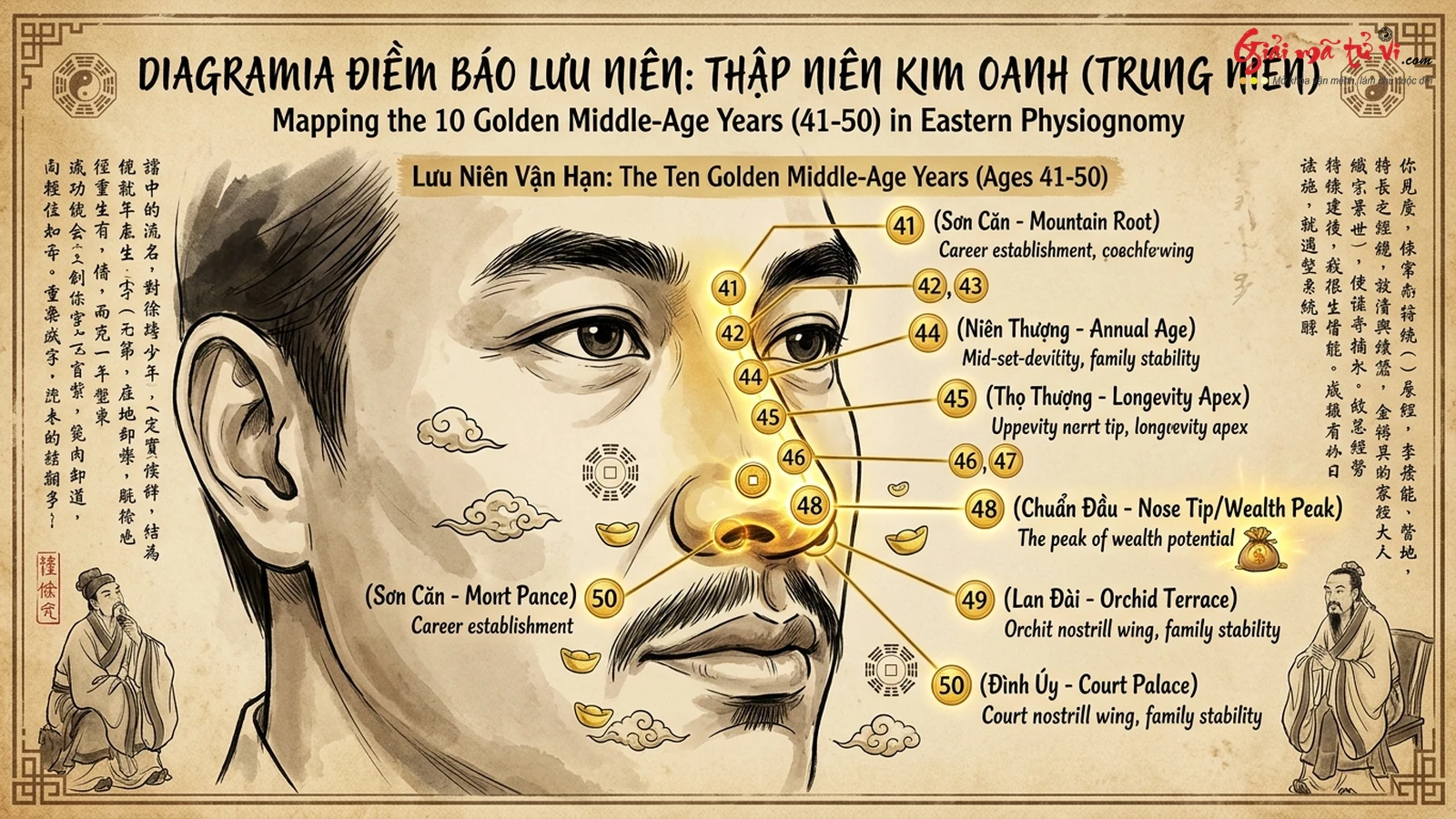 Bản Đồ Lưu Niên Vận Hạn Thập Niên Hoàng Kim Tuổi 41 Đến 50 Trên Chiếc Mũi Trong Tướng Học Á Đông