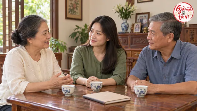 Hai người lớn tuổi và một người phụ nữ trẻ trò chuyện bên bàn có ba tách nước và sổ đóng