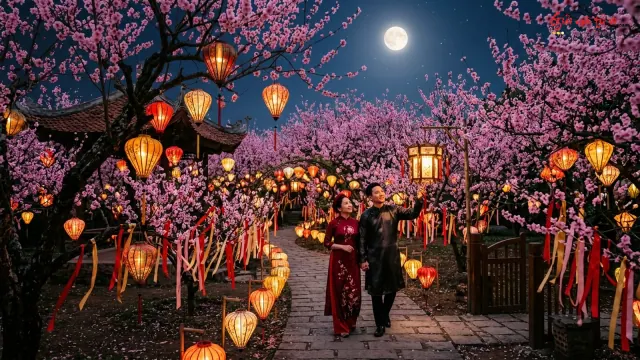 Hai người mặc áo dài đi dưới cành hoa và đèn lồng, người nam nâng một tay, logo ở góc trên phải