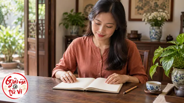 Người nữ áo màu đất đặt hai tay trên hai trang sổ trắng tại bàn, logo ở góc dưới trái