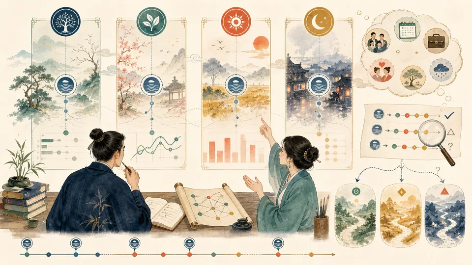 Bốn trụ được đối chiếu với dòng thời gian để nhận diện mẫu lặp trong nhiều bối cảnh khác nhau