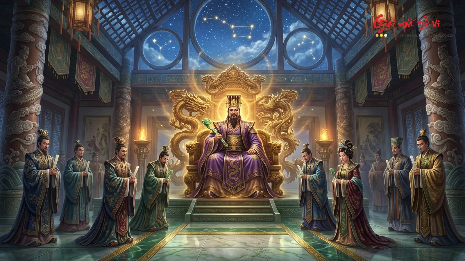 Quân Thần Khánh Hội & Bách Quan Triều Củng Trong Tử Vi Đẩu Số – Đồ hình Đế Tinh Tử Vi ngự tọa ngai vàng uy nghiêm giữa triều đình thiên giới với quần thần phò tá