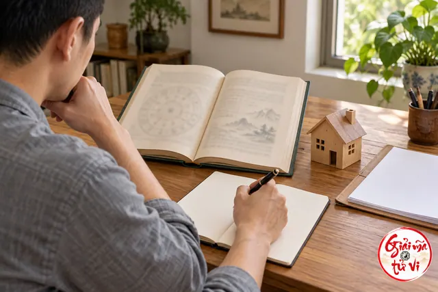 Người đọc sách mở và ghi vào sổ cạnh mô hình nhà gỗ và tập giấy để trống