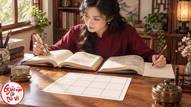 Người phụ nữ đối chiếu hai cuốn sách cạnh tờ giấy kẻ ô chưa ghi nhãn