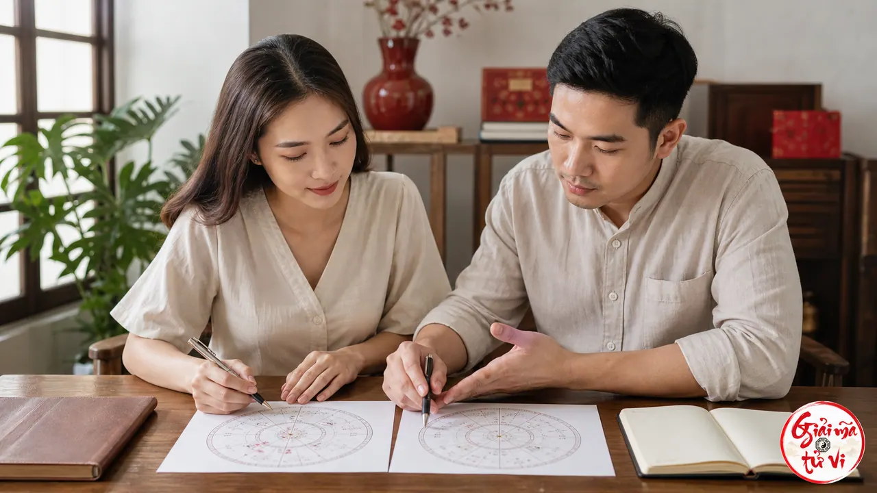 Cặp đôi người Việt cùng xem hai lá số tử vi và ghi chép trong cuộc trò chuyện bình tĩnh