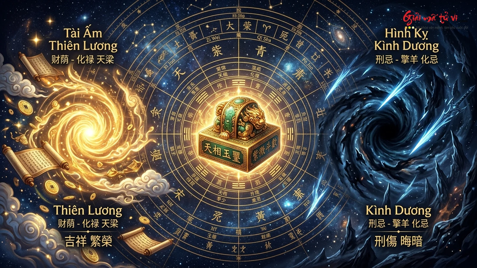 Đồ hình tổng quan Tài Ấm Giáp Ấn và Hình Kỵ Giáp Ấn trong Tử Vi Đẩu Số – Giải mã 2 đại cách cục giáp cung quyền năng của sao Thiên Tướng