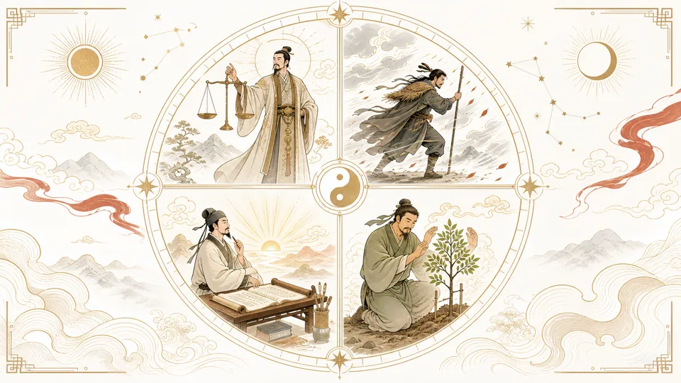 Minh họa bốn thế đứng nhân sinh qua bốn biểu tượng lãnh đạo vượt khó trí tuệ và lòng nhân