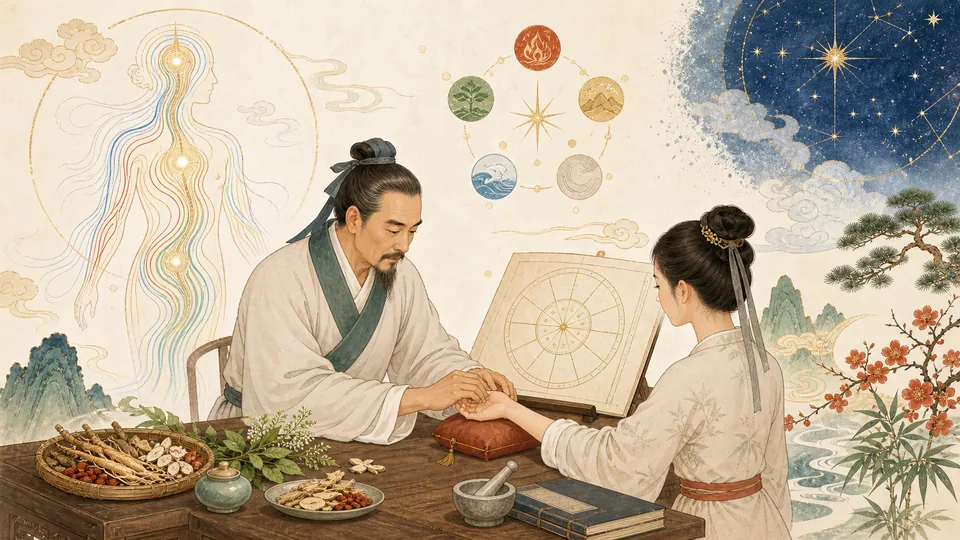 Minh họa giáo dục về sự giao thoa lịch sử giữa biểu tượng Tử Vi và y học cổ truyền