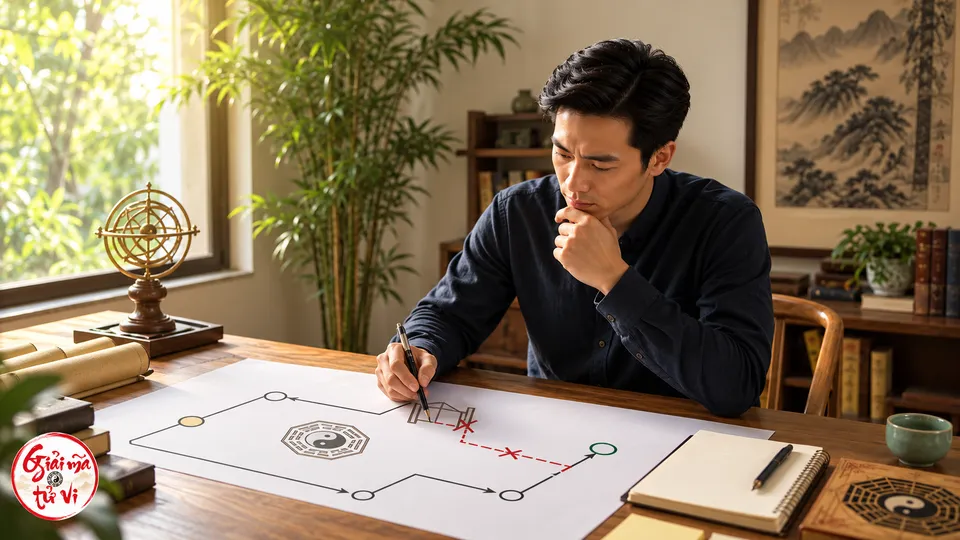 Người đàn ông áo chàm ngồi vẽ đường nối trên giấy, một tay cầm bút và tay kia gần cằm, cạnh cửa sổ và dụng cụ đồng, logo góc dưới trái