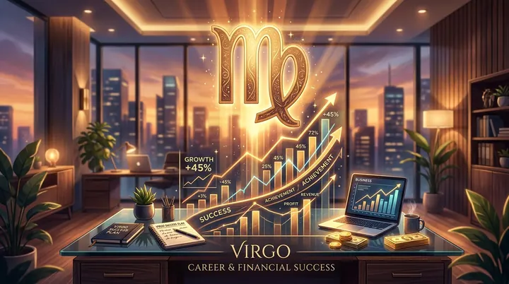 Không gian làm việc ngăn nắp với bảng kiểm toán số liệu và biểu đồ tổng kết tài chính cuối năm của cung Xử Nữ