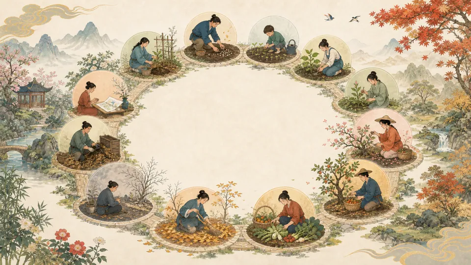 Minh họa chu kỳ tự nhiên gồm mười hai giai đoạn chăm sóc khu vườn