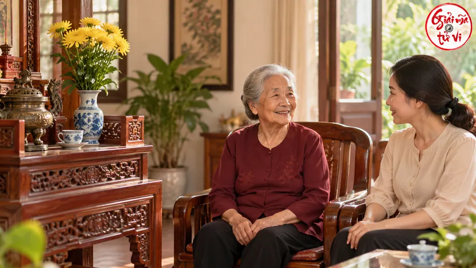 Người phụ nữ tóc bạc trò chuyện cùng người phụ nữ trẻ hơn trên hai ghế riêng, bên cạnh bàn thờ gỗ có bình hoa vàng; logo Giải Mã Tử Vi góc trên phải