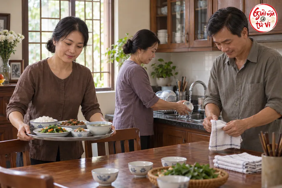 Ba người lớn chia nhau việc mang khay cơm, rửa cốc và gấp khăn trong nhà