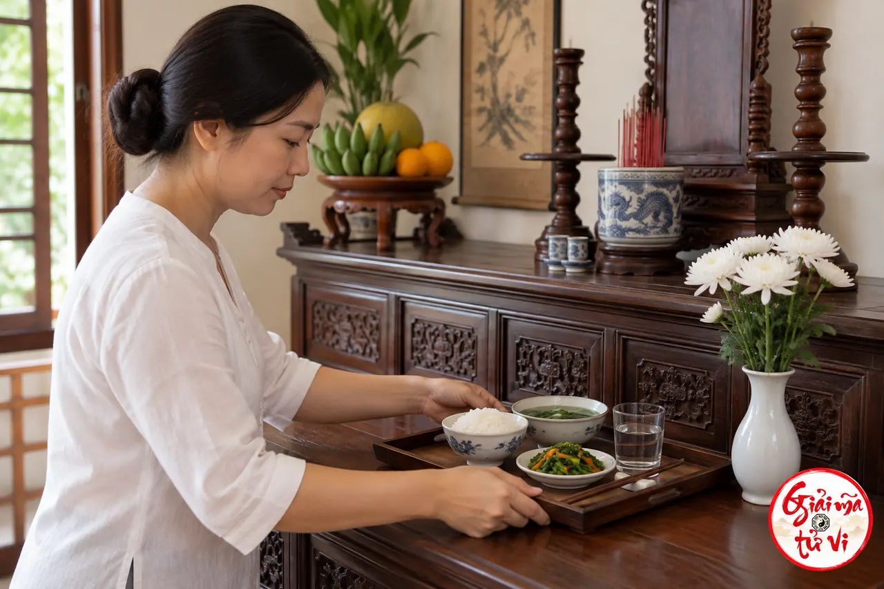Người phụ nữ đặt khay cơm, canh rau và nước bên bình hoa trắng trên bàn gỗ