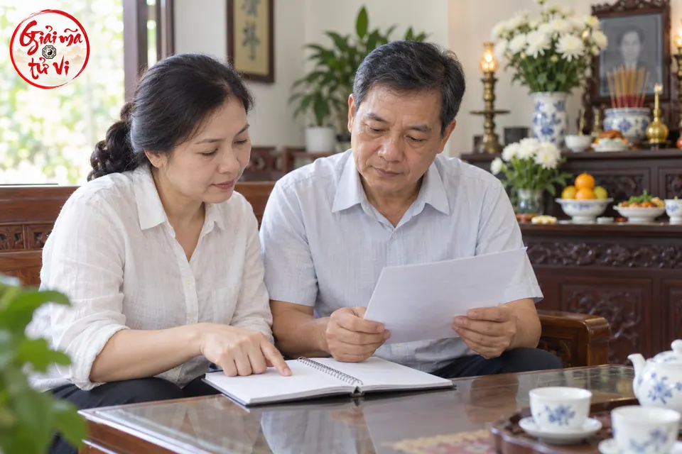 Hai người thân cùng xem sổ và tờ giấy trước khi đọc lời khấn