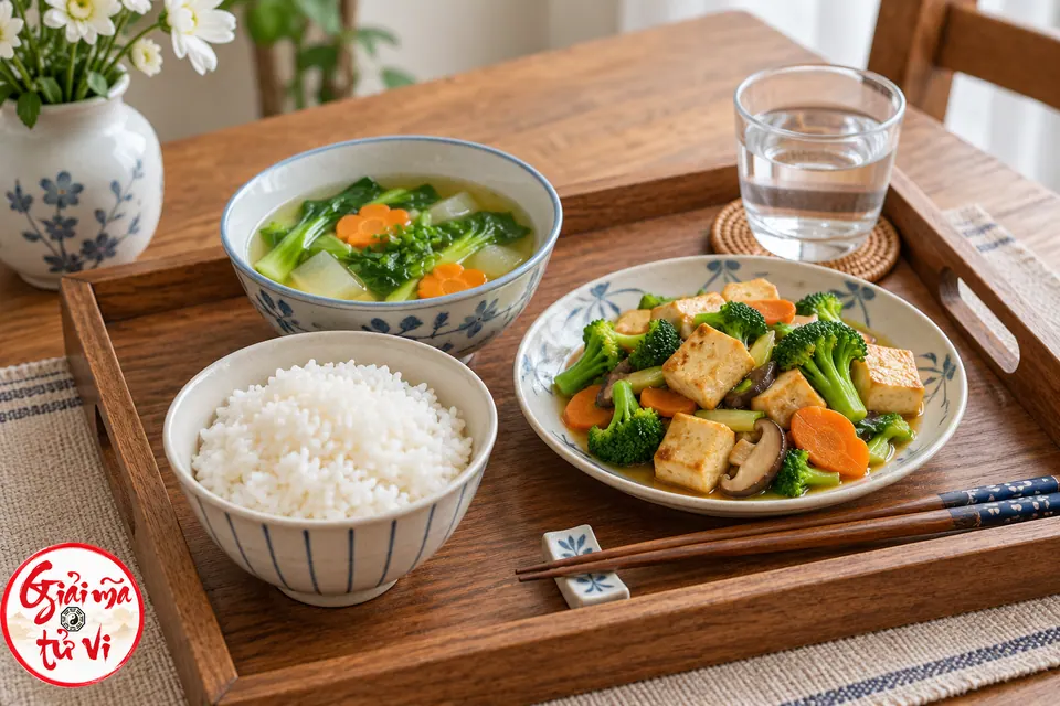 Khay cơm chay gồm cơm trắng, canh rau, đậu phụ với rau củ và nước, đũa đặt bên bát