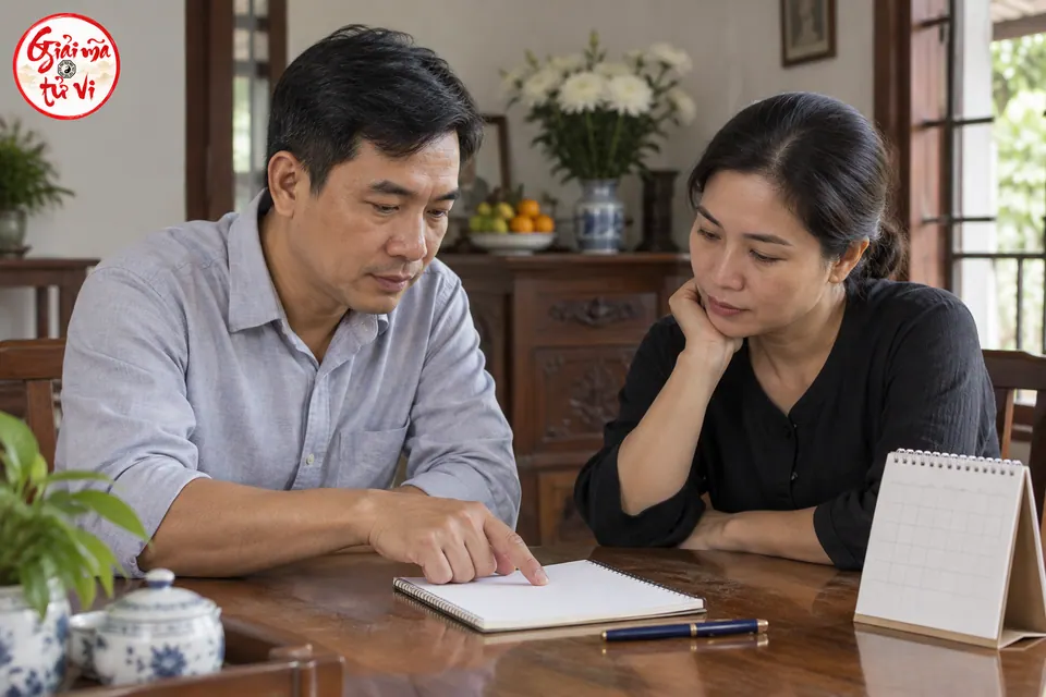 Hai người lớn cùng xem sổ ghi chép để chuẩn bị thông tin gia đình