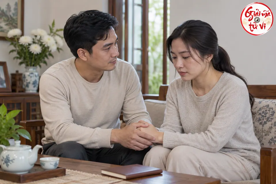 Hai người thân ngồi bên nhau, nắm tay động viên trong phòng khách