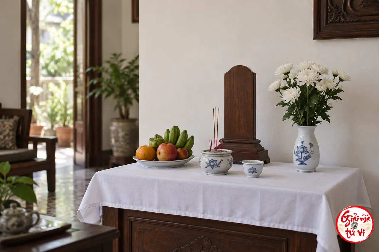 Bàn tưởng niệm phủ khăn trắng, bài vị gỗ để trống, hoa trắng, bát hương và chén nước
