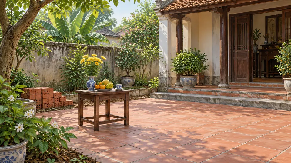 Bàn nhỏ có hoa, quả và chén nước trước sân nhà lát gạch