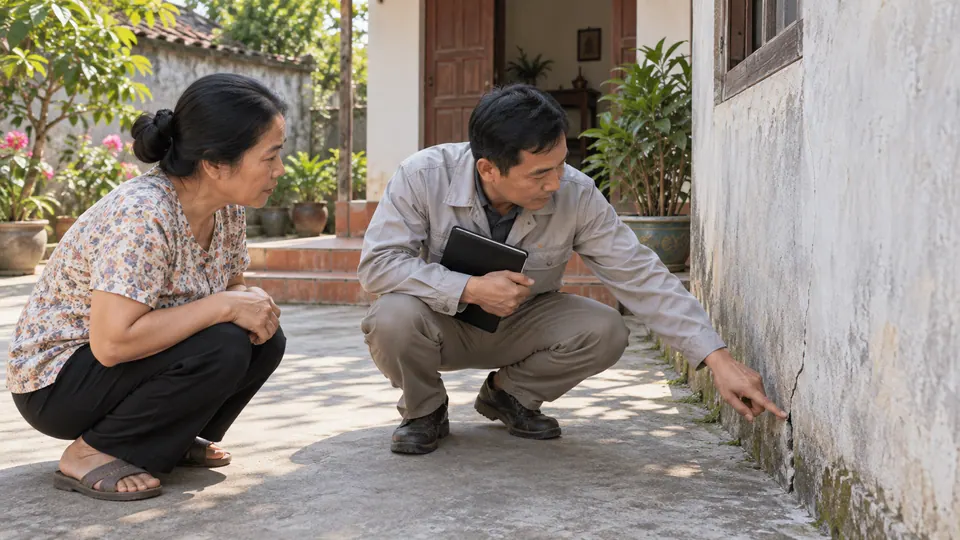 Hai người xem vết nứt gần chân tường trong sân nhà