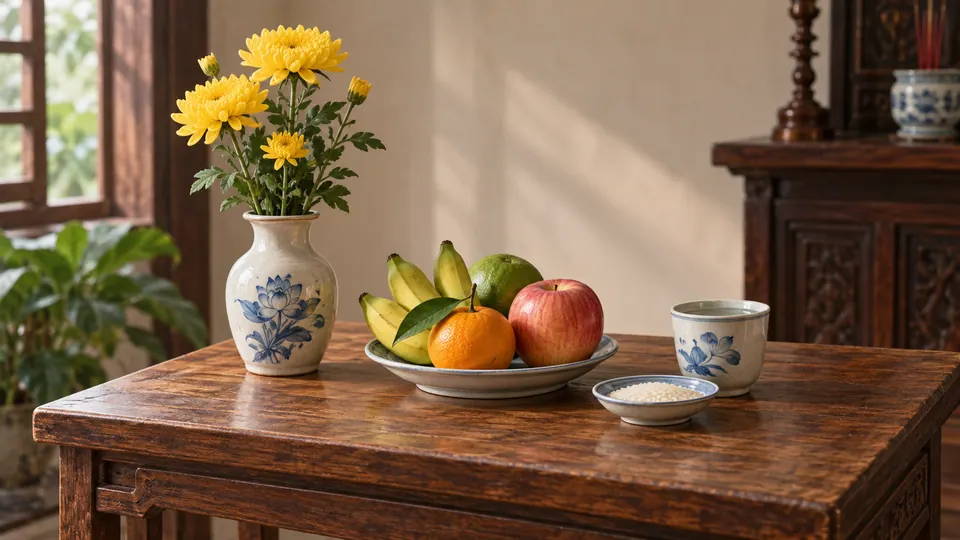 Hoa vàng, đĩa trái cây, chén nước và đĩa gạo trên bàn gỗ