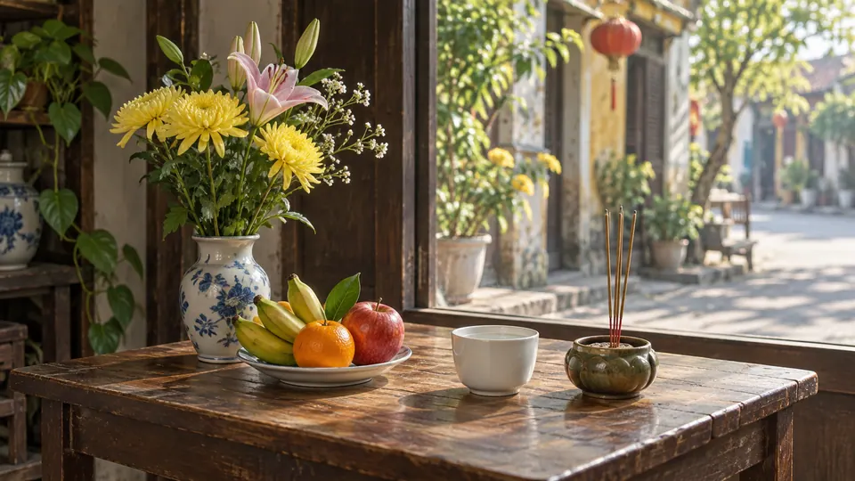 Bình hoa, đĩa quả, chén nước và bát hương cạnh cửa sổ