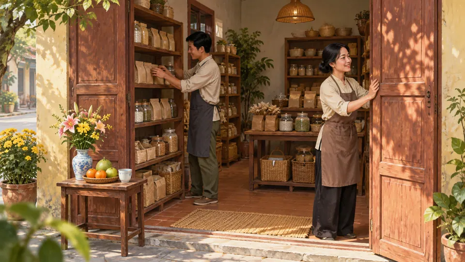 Hai người chuẩn bị kệ hàng và mở cửa một cửa hàng nhỏ