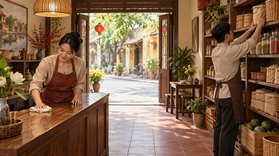 Một người lau quầy và một người sắp giỏ lên kệ cạnh cửa mở