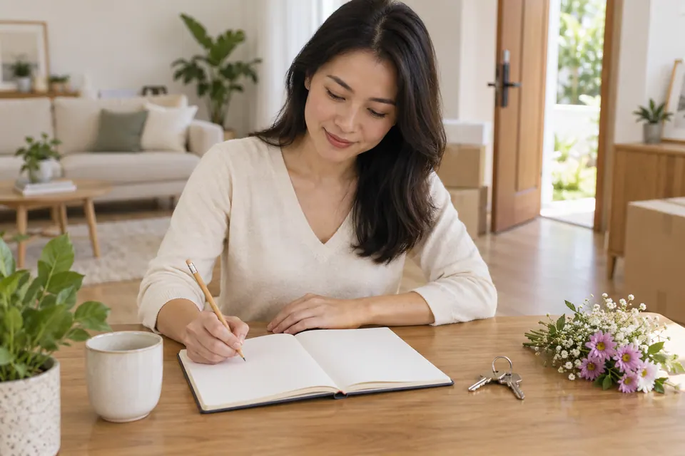 Người phụ nữ cầm bút trên sổ trắng cạnh chùm chìa khóa và hoa trên bàn