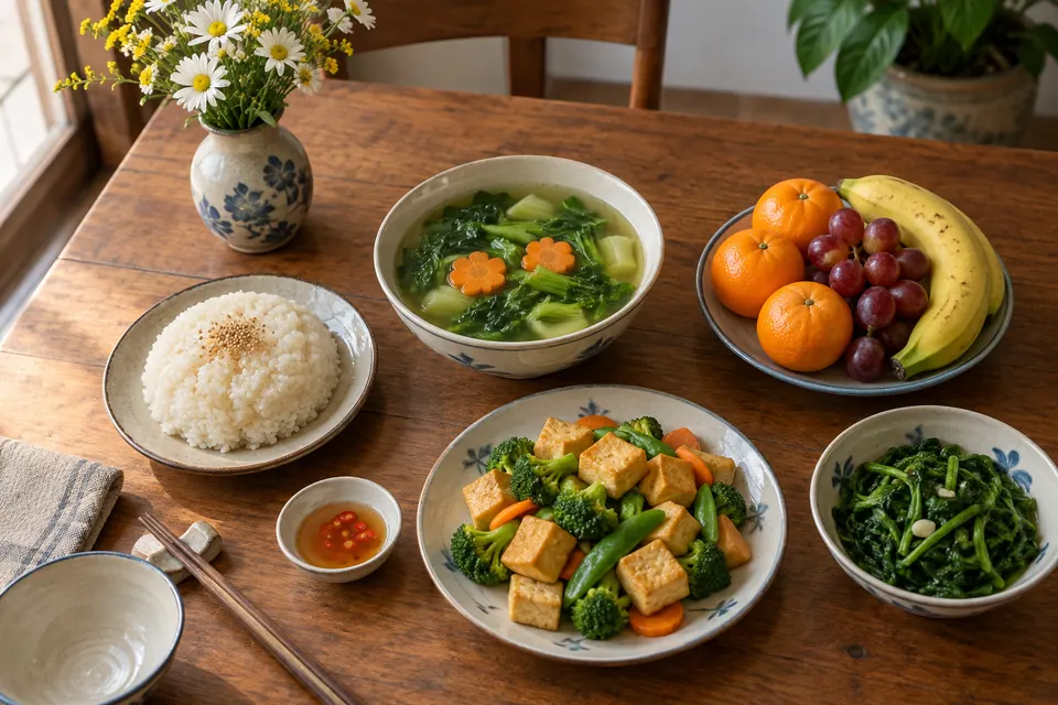 Xôi, canh rau, đậu phụ, rau xanh và trái cây bày trong bát đĩa trên bàn gỗ