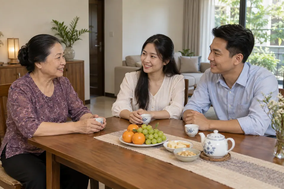 Ba người lớn trò chuyện bên bàn có chén trà, ấm trà và đĩa trái cây