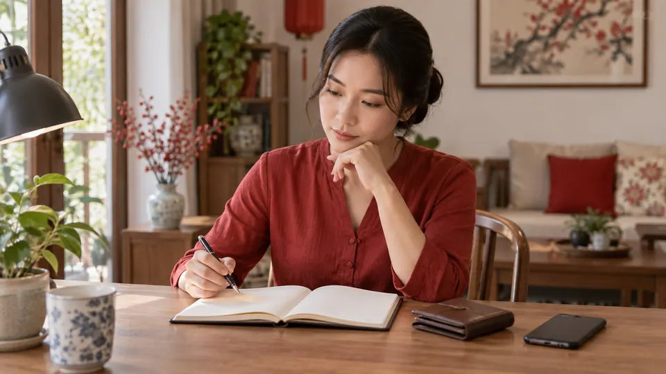 Người phụ nữ ghi sổ cạnh ví đóng và điện thoại úp trên bàn