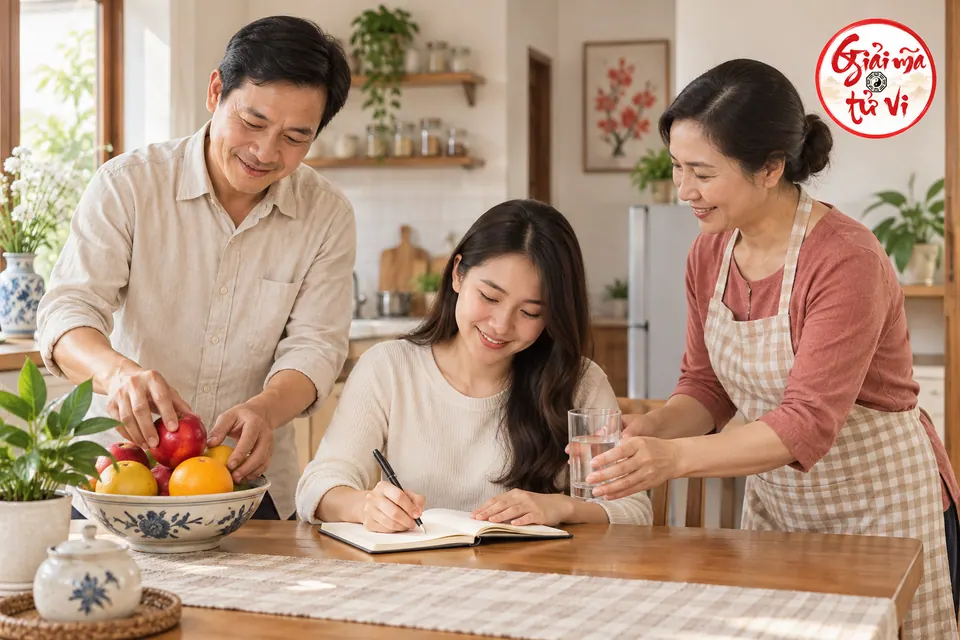 Ba người trong gia đình cùng ghi sổ, sắp trái cây và đưa cốc nước