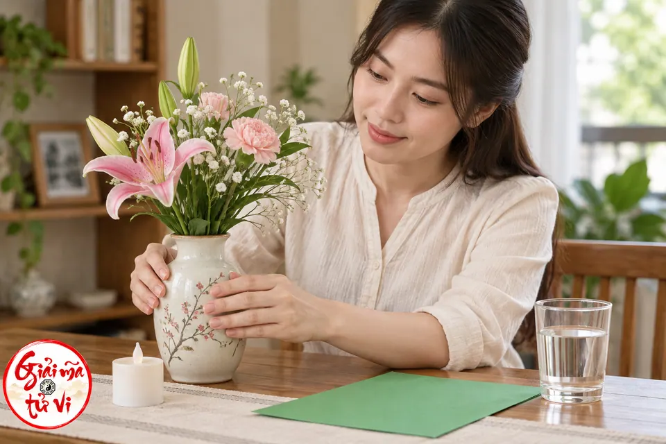 Người phụ nữ chỉnh bình hoa bên tờ giấy xanh để trống, đèn điện dạng nến và cốc nước