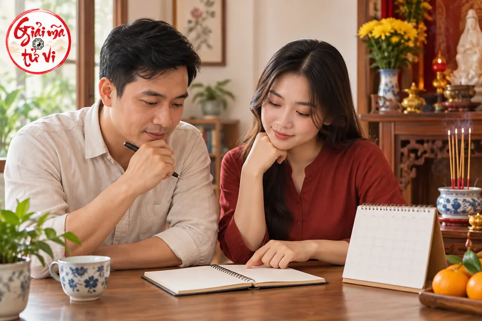 Hai người cùng kiểm sổ ghi chép cạnh lịch bàn trước khi đọc khấn