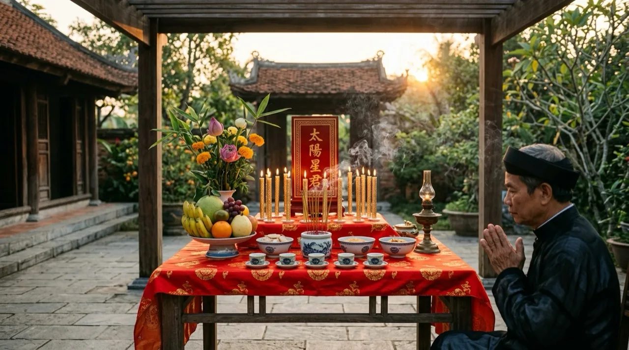Nghi thức dâng lễ nghinh sao Thái Dương ngoài trời lúc sáng sớm với mâm ngũ quả, bài vị Nhật Cung và 12 ngọn nến trang nghiêm