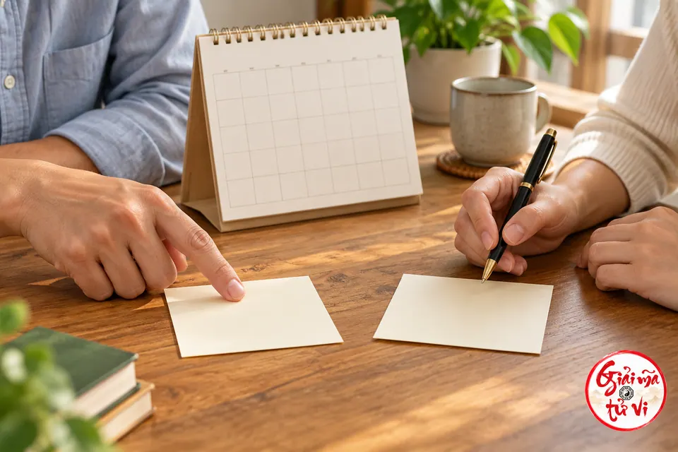 Hai người kiểm hai tờ giấy cạnh lịch để bàn