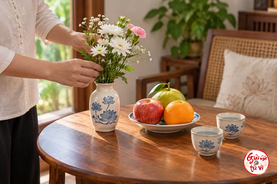 Người cắm hoa bên đĩa trái cây và hai cốc nước trên bàn gỗ